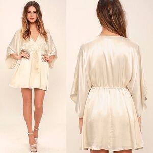 LULUS THESE WORDS LIGHT BEIGE SATIN KIMONO SLEEVE DRAWSTRING EMBROIDERED DRESS
